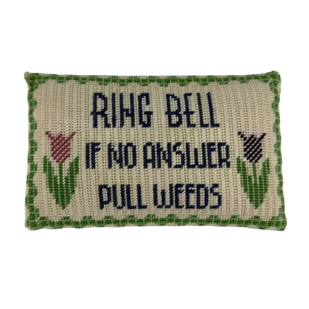 Vintage Needlepoint Pillow Ring Bell No Answer Pull Weeds Garden Gingham Green
